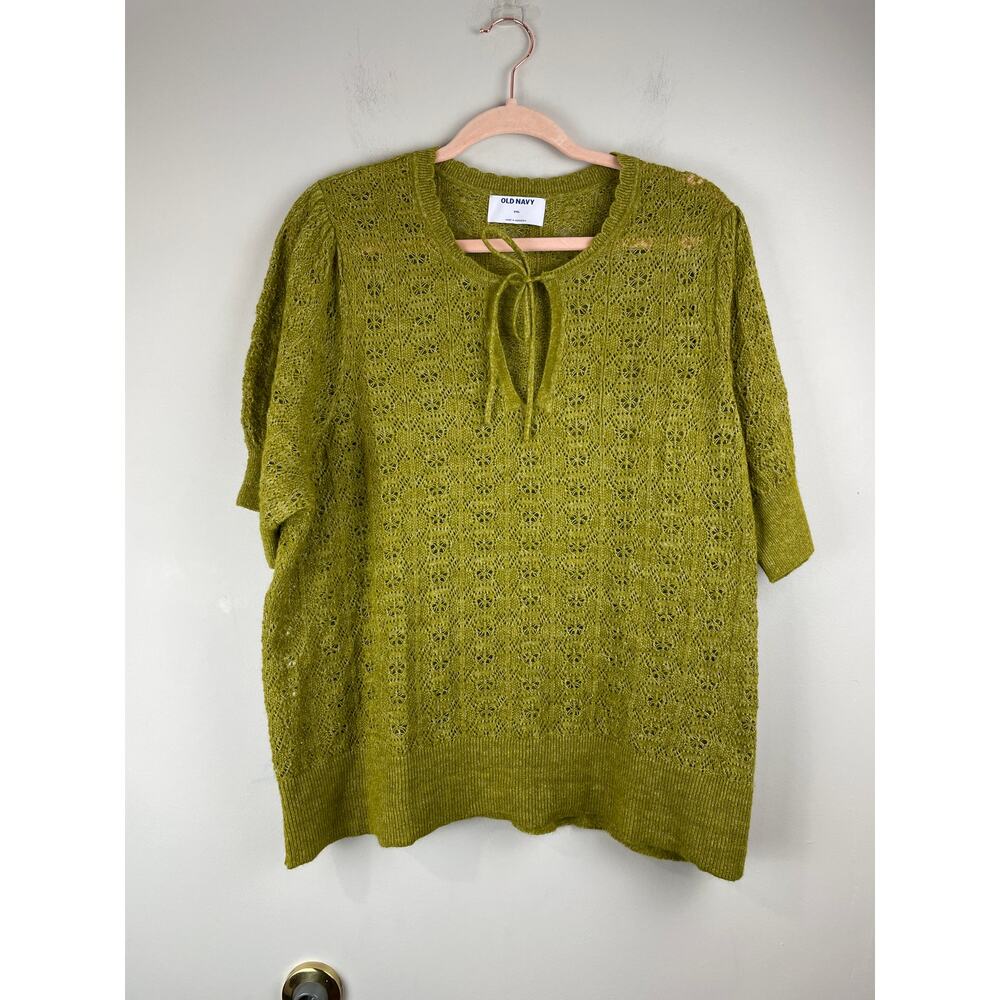 Old Navy Olive Green Wool-Blend Pointelle Crochet Keyhole Tie Sweater XXL